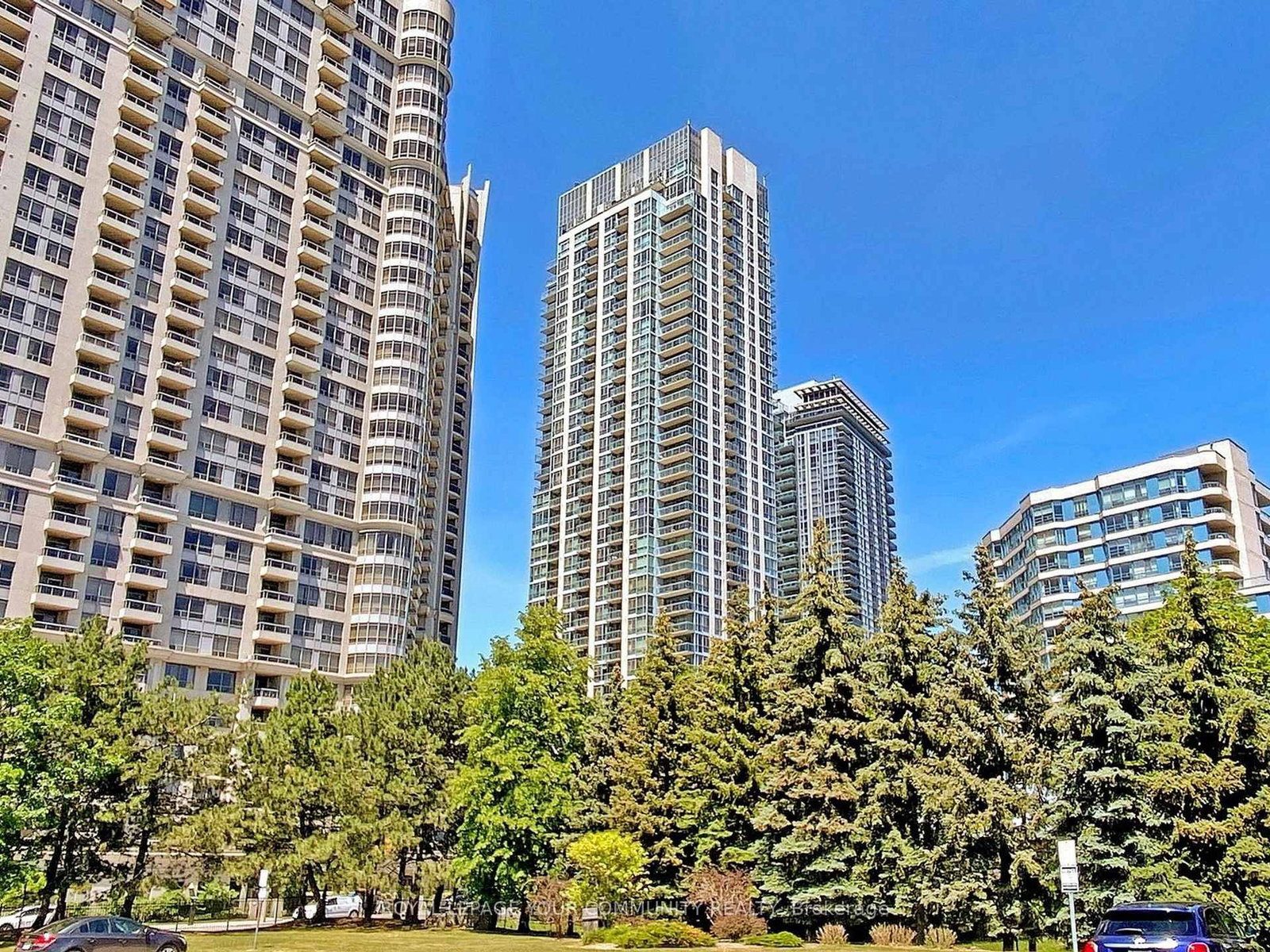 Solstice Condominiums, the glass and concrete towers at 225 Webb Drive in Mississauga City Centre