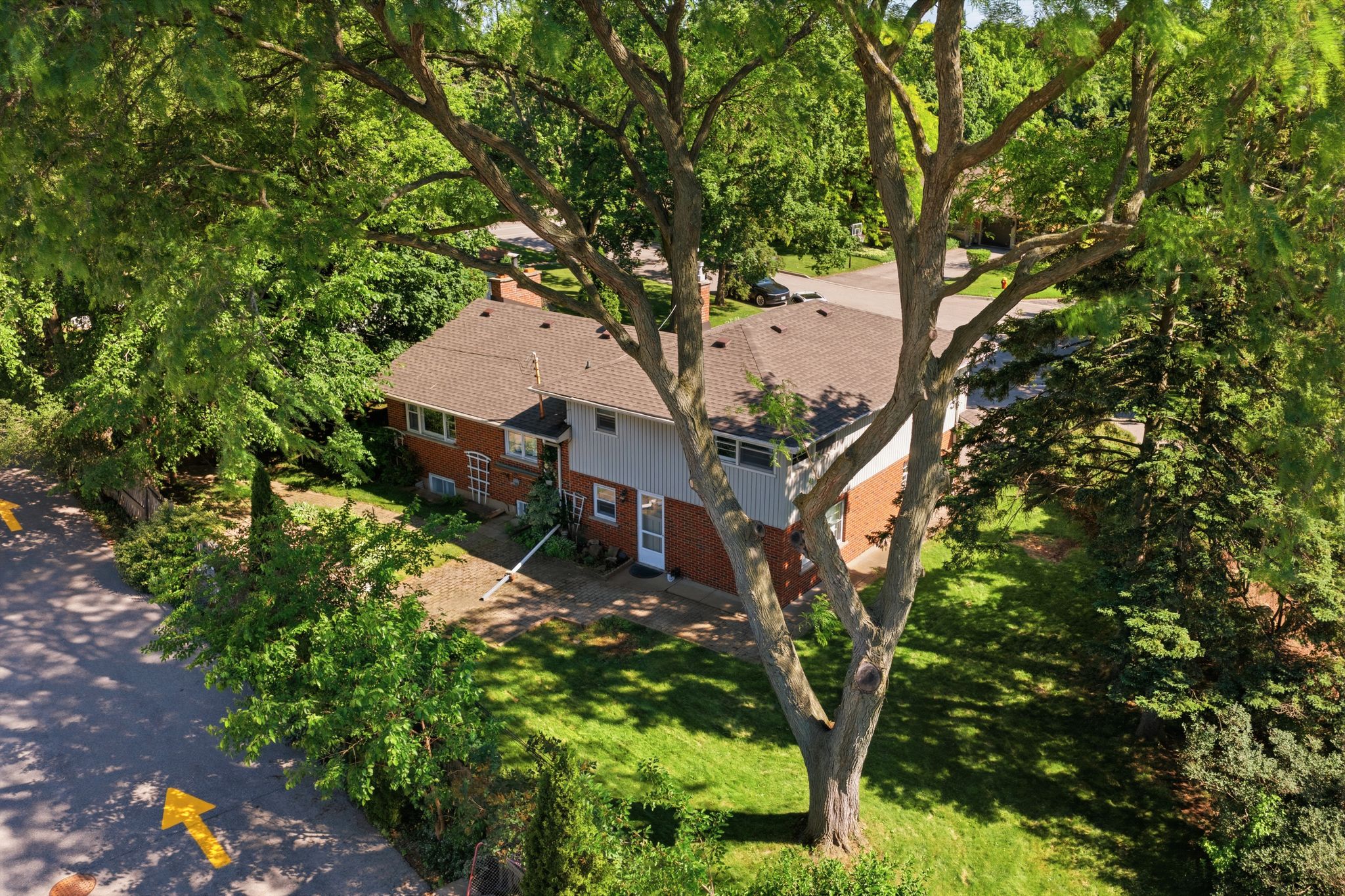 Aerial view of the home among mature trees on its quiet court