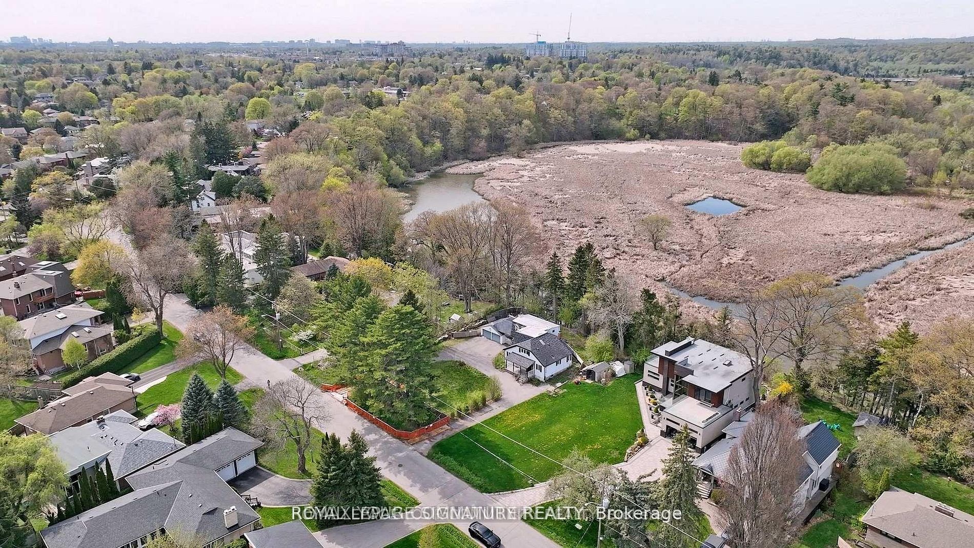 Aerial view of the 100&prime; &times; 255&prime; lot at 312 Taylor Road, Toronto, beside Rouge National Urban Park