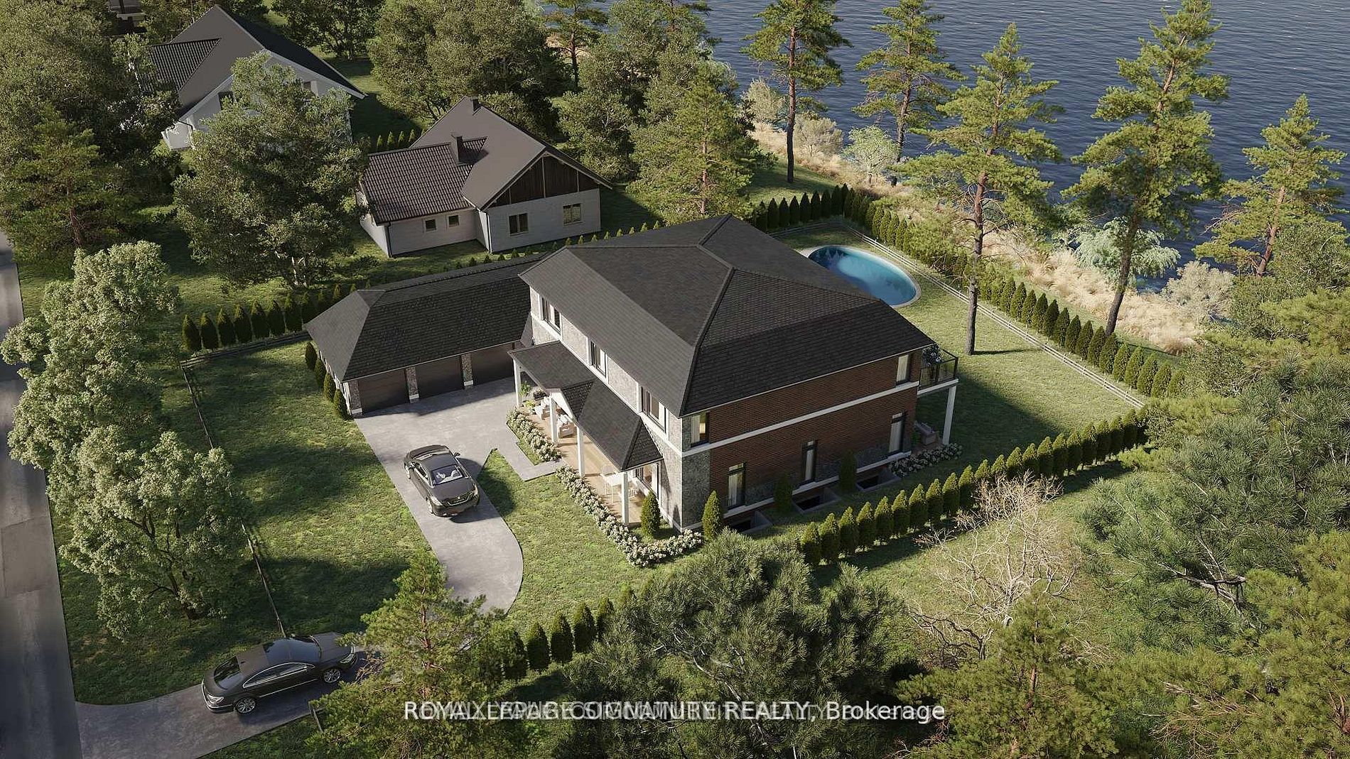 Aerial artist&rsquo;s rendering of the approved 4,300 sq ft custom home with triple garage