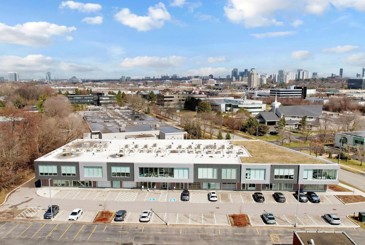 Aerial view of the commercial building at 52 Scarsdale Road, Toronto
