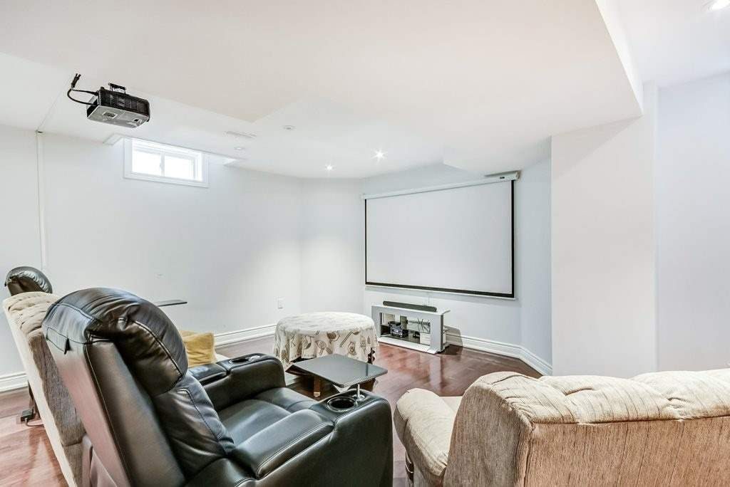 Finished basement home theatre with projector and screen